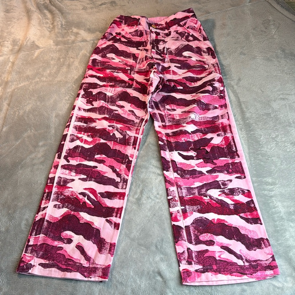 Rare NWOT Big Bud Press Walk Of Fame Paint Stamped Camo Work Pants Pink … - Picture 4 of 14